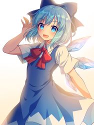 Rule 34 | 1girl, absurdres, arm up, blue bow, blue dress, blue eyes, blue hair, blush, bow, bowtie, breasts, cirno, collar, collared shirt, dress, gradient background, hair between eyes, hand up, highres, ice, ice wings, kaoling, looking at viewer, medium breasts, open mouth, red bow, red bowtie, shirt, short hair, short sleeves, smile, solo, standing, touhou, white background, white sleeves, wings, yellow background