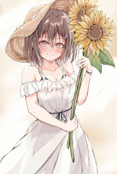 Rule 34 | 1girl, absurdres, alternate costume, brown eyes, brown hair, commentary request, cowboy shot, dairyo3, dress, flower, frilled dress, frills, hat, highres, holding, kantai collection, sendai (kancolle), short hair, smile, solo, standing, sun hat, sunflower, white dress