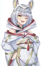 Rule 34 | absurdres, animal ears, blunt bangs, cat ears, chest jewel, facial mark, flat chest, grey hair, highres, latte, nia (blade) (xenoblade), nia (xenoblade), one eye closed, short hair, simple background, white background, xenoblade chronicles (series), xenoblade chronicles 2, xenoblade chronicles 3, yellow eyes