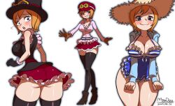 Rule 34 | 1girl, absurdres, artist name, ass, black gloves, black thighhighs, blue dress, blue eyes, blush, breasts, brown gloves, cleavage, closed mouth, cowboy shot, dated, dress, frills, from behind, full body, gloves, grin, hat, high heels, highres, koala (one piece), large breasts, long sleeves, looking at viewer, looking back, maydaykiki, multiple views, one piece, one piece treasure cruise, open mouth, orange hair, pink shirt, red skirt, shirt, short hair, simple background, skindentation, skirt, smile, straw hat, surprised, teeth, thigh gap, thighhighs, tongue, upper teeth only, white background, wide-eyed, wide hips