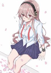 Rule 34 | 1girl, black hairband, collared shirt, commentary, corrin (female) (fire emblem), corrin (fire emblem), fire emblem, fire emblem fates, hair between eyes, hairband, highres, long hair, looking at viewer, nintendo, petals, pleated skirt, red eyes, red ribbon, ribbon, roroichi, shirt, sitting, skirt, tongue, tongue out, white shirt, wristband
