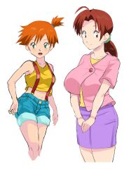 Rule 34 | 1girl, 2girls, asymmetrical hair, bare arms, blush, breasts, brown eyes, brown hair, closed mouth, cowboy shot, creatures (company), crop top, delia ketchum, denim, denim shorts, eyelashes, female focus, game freak, green eyes, hair tie, highres, huge breasts, large breasts, long hair, looking at viewer, mature female, midriff, misty (pokemon), multiple girls, navel, nintendo, open mouth, orange hair, pink shirt, pokemon, pokemon (anime), pokemon (classic anime), pokemon rgby, ponytail, scrunchie, shirt, short hair, short shorts, short sleeves, shorts, side ponytail, simple background, skirt, smile, standing, suspender shorts, suspenders, tank top, thighs, tsune, v arms, white background, yellow shirt, yellow tank top