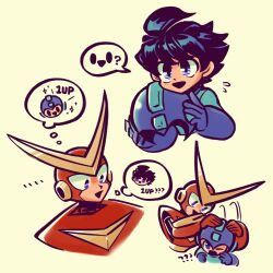 Rule 34 | 2boys, ?, ??, black hair, blue eyes, highres, humanoid robot, laser-lance, looking at another, mega man (character), mega man (classic), mega man (series), multiple boys, open mouth, quick man, robot, short hair, smile, speech bubble, thought bubble