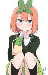 Rule 34 | 1girl, black jacket, black socks, blazer, blue eyes, blush, bow, breasts, collared shirt, commentary request, eyebrows hidden by hair, feet out of frame, go-toubun no hanayome, green bow, green ribbon, green skirt, hair between eyes, hair ribbon, highres, jacket, knees up, kujou karasuma, looking at viewer, medium breasts, nakano yotsuba, open clothes, open jacket, orange hair, panties, pleated skirt, ribbon, shirt, signature, simple background, skirt, smile, socks, solo, squatting, sweater vest, underwear, white background, white panties, white shirt