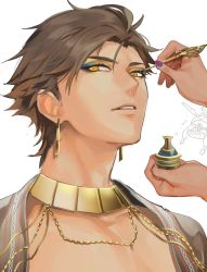 Rule 34 | 1boy, applying makeup, bishounen, brown hair, doodle, earrings, egyptian clothes, eyeliner, eyeshadow, fate/grand order, fate (series), highres, jewelry, looking at viewer, makeup, male focus, nail polish, nitocris (fate), ozymandias (fate), portrait, short hair, simple background, takashi (huzakenna), white background, yellow eyes
