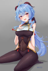 Rule 34 | 1girl, absurdres, ahoge, arm behind back, artist name, bare shoulders, black bodysuit, blue hair, bodystocking, bodysuit, breast curtain, breasts, brown bodysuit, cameltoe, clothing cutout, commentary request, cosplay, covered navel, curled horns, detached sleeves, full body, ganyu (genshin impact), genshin impact, goat horns, gold trim, gradient background, grey background, hair between eyes, hand on own chest, highres, hip vent, horns, large breasts, light blush, long hair, looking at viewer, low ponytail, mengxin huazha, multicolored eyes, no gloves, open mouth, purple eyes, red rope, rope, see-through, shenhe (genshin impact), shenhe (genshin impact) (cosplay), shoulder cutout, side cutout, signature, sitting, smile, solo, stomach cutout, tassel, thigh cutout, wariza, yellow eyes