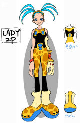 Rule 34 | 1girl, 2000s (style), aged up, alternate body size, alternate costume, animal print, ankle socks, aqua hair, arm at side, black bodysuit, black pants, blue pupils, bodysuit, bodysuit under clothes, bracelet, breasts, buttons, character profile, character sheet, collarbone, concept art, cool cool toon, elbow gloves, english text, eyelashes, freckles, giraffe print, gloves, gyoubu ippei, hairband, highres, jewelry, knees apart feet together, large breasts, large feet, large hands, legs apart, lips, long arms, long legs, looking up, musical note, musical note print, official alternate body size, official alternate costume, official art, open hands, oval, oval background, pants, pink lips, print footwear, print hairband, print pants, simple background, single elbow glove, single glove, sketch, sleeveless, sleeveless bodysuit, snk, socks, solo, spica (cool cool toon), straight-on, tall female, third-party source, toon (style), translation request, treble clef, twintails, two-tone background, two-tone footwear, two-tone hairband, two-tone pants, updo, white background, yellow gloves, yellow socks