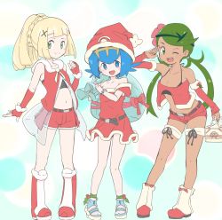 Rule 34 | 3girls, :d, ;d, absurdres, alternate costume, belt, belt buckle, blue eyes, blue hair, blush, boots, bracelet, buckle, christmas, closed mouth, collarbone, commentary request, creatures (company), detached sleeves, dress, eyelashes, female focus, flower, game freak, gloves, green eyes, green hair, hair flower, hair ornament, hairband, hand up, hat, highres, holding, holding sack, jewelry, knees, lana (pokemon), lillie (pokemon), long hair, looking at viewer, mallow (pokemon), matching hair/eyes, midriff, multiple girls, nagitaro, navel, nintendo, no sclera, off-shoulder dress, off shoulder, one eye closed, open mouth, pigeon-toed, pink flower, pokemon, pokemon sm, red dress, red footwear, red gloves, red headwear, red shorts, sack, santa hat, short hair, shorts, smile, split mouth, standing, swept bangs, teeth, toeless footwear, tongue, twintails, two-tone footwear, upper teeth only, white footwear, x hair ornament, yellow hairband