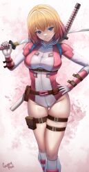Rule 34 | 1girl, absurdres, blonde hair, blue eyes, breasts, caiman pool, dot nose, gwenpool, highres, holding, holding sword, holding weapon, katana, leotard, marvel, medium breasts, multicolored hair, multicolored leotard, pink hair, pink leotard, pouch, shin guards, smile, streaked hair, superhero costume, sword, thigh gap, weapon, wrist guards, wrist straps
