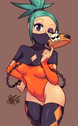 Rule 34 | 1girl, cerebella (skullgirls), cleavage cutout, clothing cutout, green hair, hand on own hip, hat, jester, leotard, mask, mateus upd, ponytail, skullgirls