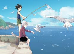 Rule 34 | 2boys, bird, black hair, black shorts, blue sky, child, cloud, cloudy sky, day, fishing, fishing rod, gon freecss, green shorts, highres, hntricolore, holding, holding fishing rod, hunter x hunter, killua zoldyck, multiple boys, ocean, open mouth, outdoors, outstretched arm, red shirt, sandals, seagull, shirt, short hair, shorts, sitting, sky, sleeveless, sleeveless shirt, smile, spiked hair, standing, white hair