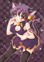 Rule 34 | 1girl, :p, animal ears, bell, black thighhighs, breasts, candy, cat ears, cat girl, cat tail, cleavage, food, garter belt, garter straps, halloween, jingle bell, kichijou agata, large breasts, looking at viewer, medium hair, navel, original, pink eyes, purple hair, red ribbon, ribbon, skirt, smile, solo, tail, thighhighs, tongue, tongue out