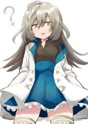 Rule 34 | 1girl, ?, ahoge, animal print, arms at sides, assault lily, black shirt, blue skirt, blush, buttons, collared shirt, commentary request, cowboy shot, frilled skirt, frills, grey hair, grey thighhighs, hair between eyes, herensuge girls academy school uniform, high-waist skirt, highres, jacket, long hair, long sleeves, looking at viewer, miniskirt, misaka hachirou, multicolored hair, off shoulder, open clothes, open jacket, oversized clothes, parted lips, partially unbuttoned, print thighhighs, rabbit print, sasaki ran, school uniform, shirt, simple background, skirt, sleeves past fingers, sleeves past wrists, solo, standing, streaked hair, teeth, thighhighs, upper teeth only, white background, white jacket, yellow eyes, zettai ryouiki