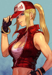 Rule 34 | 1girl, adjusting clothes, adjusting headwear, bare shoulders, baseball cap, blonde hair, blue background, blue eyes, bracelet, breasts, cleavage, collarbone, cropped jacket, fatal fury, fingerless gloves, fingernails, genderswap, gloves, hand on own hip, hand up, hat, high ponytail, hungry clicker, jewelry, lips, long hair, looking at viewer, medium breasts, midriff, navel, parted lips, ponytail, sidelocks, simple background, sleeveless, sleeveless jacket, smile, snk heroines: tag team frenzy, solo, stomach, terry bogard, the king of fighters, upper body, zipper, zipper pull tab