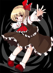 Rule 34 | 1girl, ascot, blonde hair, embodiment of scarlet devil, fa no hito, female focus, frilled skirt, frilled sleeves, frills, full body, hair ribbon, looking at viewer, necktie, outstretched arms, red eyes, red footwear, red ribbon, ribbon, rumia, shirt, shoes, short hair, skirt, socks, solo, spread arms, touhou, white shirt, white socks