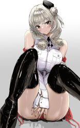 Rule 34 | 1girl, absurdres, anti kumo, artist name, ass, azur lane, bare shoulders, black footwear, black hat, blouse, blush, boots, breasts, closed mouth, grey eyes, grey hair, hair ornament, hat, highres, large breasts, long hair, looking at viewer, luetzow (azur lane), mini hat, nail polish, on floor, panties, pantyshot, red nails, red panties, shirt, sitting, solo, thigh boots, thighhighs, underwear, white background, white shirt