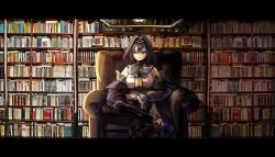 Rule 34 | 1girl, absurdres, armchair, blue bow, blue eyes, blue hair, book, bookshelf, bow, bow earrings, breasts, chain, chain headband, chair, cleavage, cleavage cutout, clock, clothing cutout, crossed legs, detached sleeves, earrings, hair intakes, head chain, highres, hololive, hololive english, jewelry, large breasts, library, ouro kronii, short hair, sitting, solo, underboob cutout, virtual youtuber, vyragami