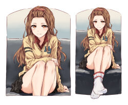 Rule 34 | 1girl, arm at side, bangs pinned back, bare legs, black skirt, brown hair, character request, collared shirt, copyright request, couch, furukawa wanosuke, hand on own leg, highres, light smile, long hair, long sleeves, looking at viewer, miniskirt, on couch, orange eyes, red shirt, shirt, sitting, skirt, sleeves past wrists, socks, sweater, white socks, yellow sweater, zoom layer