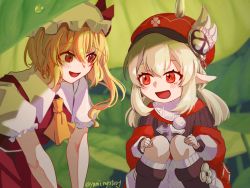 Rule 34 | 2girls, :d, ahoge, arm support, ascot, bent over, blonde hair, bloomers, blurry, boots, brown footwear, brown scarf, cabbie hat, clover print, coat, commentary request, crossover, depth of field, flandre scarlet, genshin impact, hair between eyes, hat, hat feather, hat ornament, highres, klee (genshin impact), knee boots, kneehighs, knees together feet apart, leaf umbrella, light brown hair, long hair, long sleeves, looking at another, low twintails, multiple girls, open mouth, pocket, pointy ears, puffy short sleeves, puffy sleeves, red coat, red eyes, red headwear, scarf, short sleeves, side ponytail, sidelocks, smile, socks, squatting, touhou, trait connection, twintails, twitter username, underwear, wings, yami mystery