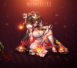 Rule 34 | arm tattoo, bandages, black hair, breasts, candle, collarbone, destiny child, fire, hair ornament, huge breasts, kalaratri (destiny child), knife, smoking pipe, red eyes, sandals, sitting, sweat, talisman, tattoo