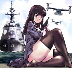 Rule 34 | 1girl, aircraft, ass, black thighhighs, brown eyes, brown hair, destroyer, from side, gun, handgun, helicopter, hime cut, holding, holding gun, holding weapon, kamisimo 90, looking at viewer, military, military vehicle, necktie, original, red neckwear, ship, sitting, skirt, smile, thighhighs, thighs, tiltrotor, uniform, v-22 osprey, vtol, walther, walther p38, warship, water, watercraft, weapon