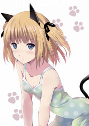 Rule 34 | 1girl, animal ears, animal hands, blonde hair, blue eyes, blush, breasts, cat ears, cat tail, cleavage, collarbone, dress, green dress, looking at viewer, original, shichouson, short hair, short twintails, simple background, sleeveless, sleeveless dress, small breasts, solo, sundress, tail, twintails, white background