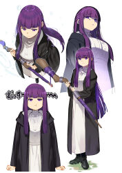 Rule 34 | 1girl, absurdres, blunt bangs, breasts, disgust, dress, expressions, fern (sousou no frieren), glaring, grimace, happy, highres, light smile, long hair, long sleeves, looking at viewer, multiple views, pout, purple eyes, purple hair, shaded face, sidelocks, simple background, sousou no frieren, tsukudani (ore624), white background, white dress