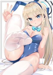 Rule 34 | 1girl, absurdres, animal ears, aqua bow, aqua bowtie, arm support, bare shoulders, bed sheet, blonde hair, blue archive, blue eyes, blue hair, blue leotard, bow, bowtie, braid, breasts, cleavage, covered erect nipples, detached collar, earrings, eyelashes, fake animal ears, feet, foot focus, foot up, foreshortening, hair between eyes, hand up, headset, highres, jewelry, knee up, large breasts, leotard, long hair, monkey kusai, multicolored hair, no shoes, on bed, playboy bunny, rabbit ears, sidelocks, skindentation, soles, solo, strapless, strapless leotard, streaked hair, stud earrings, sweatdrop, thighhighs, thighs, toes, toki (blue archive), toki (bunny) (blue archive), very long hair, white thighhighs, wrist cuffs