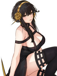 Rule 34 | 1girl, bad id, bad pixiv id, bare shoulders, black choker, black hair, black thighhighs, breasts, cetta (cettadvd), choker, cleavage, dress, earrings, flower, from side, gold earrings, gold hairband, hair flower, hair ornament, hairband, highres, jewelry, knee up, large breasts, long hair, off-shoulder dress, off shoulder, pendant choker, red eyes, red lips, rose, short hair with long locks, sidelocks, sitting, solo, spikes, spy x family, thighhighs, thighs, yor briar, zettai ryouiki