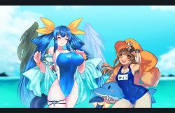 Rule 34 | 2girls, absurdres, anchor symbol, angel wings, asymmetrical wings, bare shoulders, black gloves, blue one-piece swimsuit, blue sky, blush, breasts, brown eyes, brown hair, cabbie hat, closed eyes, closed mouth, cloud, collarbone, competition swimsuit, covered navel, dizzy (guilty gear), fingerless gloves, gloves, guilty gear, guilty gear strive, hair rings, hand on own chest, hat, highleg, highleg swimsuit, highres, jacket, large breasts, looking at viewer, mature female, may (guilty gear), monster girl, multiple girls, ocean, one-piece swimsuit, open mouth, orange headwear, orange jacket, ribbon, school swimsuit, sidelocks, skull and crossbones, sky, small breasts, smile, stuffed animal, stuffed toy, swimsuit, tail, tail ornament, tail ribbon, tano t, thick thighs, thigh strap, thighs, twintails, wings, yellow ribbon