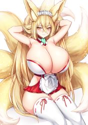 Rule 34 | 1girl, animal ears, armpits, bare arms, bare shoulders, bindong, blonde hair, breasts, closed mouth, detached collar, fox ears, fox girl, fox tail, hair between eyes, hakama, hakama skirt, highres, hirume of heavenly incense, huge breasts, japanese clothes, last origin, light smile, long hair, looking at viewer, magatama, maid headdress, miko, multiple tails, ribbon-trimmed legwear, ribbon trim, simple background, skirt, solo, tail, thighhighs, very long hair, white background, white thighhighs, yellow eyes