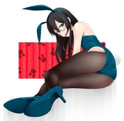Rule 34 | 1girl, alternate costume, animal ears, ass, bare shoulders, black-framed eyewear, black hair, black pantyhose, blue eyes, blue leotard, breasts, fake animal ears, high heels, hip vent, kantai collection, leotard, long hair, looking at viewer, lost july, ooyodo (kancolle), open mouth, pantyhose, playboy bunny, rabbit ears, rabbit tail, semi-rimless eyewear, sitting, small breasts, solo, strapless, strapless leotard, tail