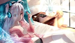 Rule 34 | 1girl, 2018, ahoge, animal ear headphones, animal ears, bed, bedroom, black panties, blurry, blush, breasts, cat ear headphones, cat ears, cellphone, cleavage, dated, doll, eyes visible through hair, fake animal ears, hair between eyes, hair ornament, hbb, headphones, heart, highres, indoors, long hair, long sleeves, looking at viewer, lying, medium breasts, music, musical note, no bra, open clothes, original, panties, phone, pink hair, red eyes, red shirt, shirt, sleeves rolled up, smartphone, smile, solo, standing, sunlight, thighhighs, twintails, underwear, white thighhighs