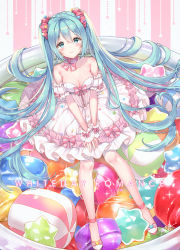 Rule 34 | 1girl, aqua eyes, aqua hair, dress, food, full body, hatsune miku, in food, long hair, looking at viewer, mini person, minigirl, sitting, smile, solo, strapless, strapless dress, tena, twintails, very long hair, vocaloid, white day, white dress
