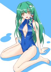 Rule 34 | 1girl, arm support, bare shoulders, barefoot, blush, breasts, brown eyes, cleavage, cleavage cutout, clothing cutout, competition swimsuit, covered navel, frog, frog hair ornament, front zipper swimsuit, green eyes, green hair, hair ornament, hair tubes, kochiya sanae, long hair, looking at viewer, matching hair/eyes, meme attire, one-piece swimsuit, open mouth, shintani masaki, sitting, skin tight, snake, snake hair ornament, solo, sweatdrop, swimsuit, touhou, unzipped, wariza, zipper