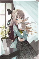 Rule 34 | 1girl, backpack, bag, black dress, black ribbon, blue dress, blue eyes, blush, closed mouth, cowboy shot, curtains, day, dot mouth, dot nose, dress, floating hair, floral print, hair ribbon, highres, hugging object, indoors, long bangs, long dress, long hair, looking at viewer, original, plant, pleated dress, print dress, ribbon, sidelocks, solo, stuffed animal, stuffed rabbit, stuffed toy, table, two-tone dress, vase, wakuseiy, wind, window, wooden wall