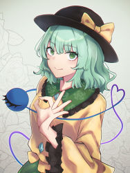 Rule 34 | 1girl, black hat, bow, closed mouth, floral background, floral print, flower, frilled sleeves, frills, green eyes, green hair, hat, hat bow, heart, heart of string, highres, komeiji koishi, long sleeves, looking at viewer, renka (echollapsar), rose, rose print, shirt, smile, solo, third eye, touhou, upper body, wide sleeves, yellow bow, yellow shirt