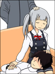 Rule 34 | 10s, 1girl, 2boys, admiral (kancolle), black hair, closed eyes, dress, faceless, faceless male, grey hair, hand on another&#039;s head, headpat, holding hands, iwazoukin, kantai collection, kasumi (kancolle), lap pillow, lying on lap, multiple boys, pinafore dress, remodel (kantai collection), school uniform, side ponytail, sitting, sleeveless dress, smile