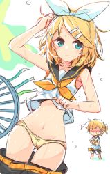 Rule 34 | 1boy, 1girl, armpits, bad id, bad twitter id, belt, blonde hair, blush, bow, bow panties, brother and sister, cameltoe, electric fan, hand fan, groin, hair bow, hair ornament, hairclip, highres, kagamine len, kagamine rin, kame^^, lace, lace-trimmed panties, lace trim, navel, panties, school uniform, serafuku, short hair, shorts, siblings, sketch, twins, underwear, vocaloid, white background, wide hips, yellow panties