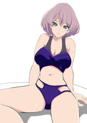 Rule 34 | bad id, bad pixiv id, bikini, breasts, cleavage, green eyes, grey hair, gridman universe, highres, large breasts, midriff, mujina, oni- -on, short hair, sitting, solo, ssss.dynazenon, swimsuit, thighs, wet, wet clothes, white background