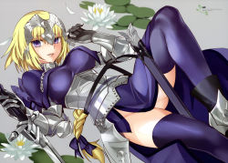 Rule 34 | 1girl, absurdres, armor, armored dress, blonde hair, braid, dress, fate/apocrypha, fate (series), faulds, flower, gauntlets, greaves, grin, headpiece, highres, jeanne d&#039;arc (fate), jeanne d&#039;arc (ruler) (fate), leg up, lily pad, lips, long hair, lying, no panties, petals, purple eyes, purple thighhighs, robina, smile, solo, sword, thighhighs, weapon