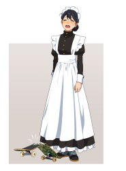 Rule 34 | 1girl, ahoge, apron, black hair, black sleeves, broken, commentary, crying, dress, closed eyes, frilled dress, frills, highres, long sleeves, maid, maid apron, maid headdress, open mouth, original, shoes, short hair, skateboard, sneakers, solo, standing, suzushiro (suzushiro333), teardrop