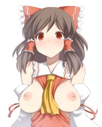 Rule 34 | 1girl, aaaa (quad-a), ascot, bad id, bad pixiv id, bare shoulders, between breasts, blush, bow, breasts, breasts out, brown hair, clothes between breasts, detached sleeves, female focus, hair bow, hair tubes, hakurei reimu, large breasts, long hair, nipples, puffy nipples, red eyes, solo, touhou, upper body