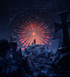 Rule 34 | 1girl, anato finnstark, artist name, bloodborne, commentary, dark, dual wielding, english commentary, from behind, highres, holding, holding sword, holding weapon, lady maria of the astral clocktower, ruins, scenery, solo, sword, the old hunters, tombstone, weapon, wide shot