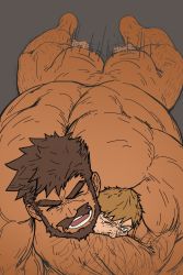 Rule 34 | 2boys, ^ ^, abs, ass, back, bara, beard, blonde hair, body hair, brown hair, closed eyes, completely nude, dobito mn, facial hair, fallen down, flat color, giant, giant male, hairy, highres, hug, imminent penetration, male focus, male penetrated, manly, motion blur, multiple boys, muscular, nude, original, sex, short hair, size difference, sketch, smile, tears, uncensored, veins, yaoi