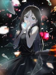 Rule 34 | 1girl, :d, absurdres, bare arms, bare shoulders, black dress, black hair, blue eyes, broken glass, commentary request, dress, gem, glass, glowing, hands up, highres, huge filesize, long hair, looking at viewer, open mouth, original, parted bangs, pomu (joynet), sleeveless, sleeveless dress, smile, solo, star (sky), star (symbol), very long hair