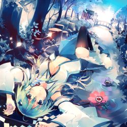 Rule 34 | 1girl, alternate color, aqua hair, arms up, black thighhighs, blue eyes, breasts, bridge, cleavage, detached sleeves, flower, frog hair ornament, gohei, hair ornament, kirero, kochiya sanae, long hair, long sleeves, looking at viewer, looking up, lying, lying on water, medium breasts, midriff, navel, on back, open clothes, open shirt, partially submerged, river, shirt, skirt, snake hair ornament, solo, thighhighs, touhou, tree, tree stump, very long hair, water, wide sleeves, zettai ryouiki