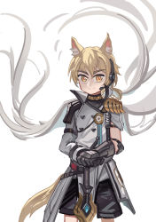 Rule 34 | 1boy, absurdres, animal ear fluff, animal ears, arknights, armor, asymmetrical sleeves, blonde hair, commentary request, cowboy shot, gloves, hair between eyes, headset, highres, holding, horse ears, horse tail, long hair, looking at viewer, male focus, nearl (arknights), shorts, simple background, smile, solo, sword, tail, weapon, whinghope, white background, yellow eyes