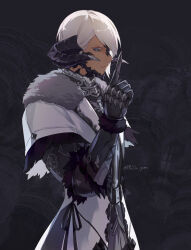 Rule 34 | 1boy, absurdres, armor, au ra, black sclera, blue eyes, closed mouth, colored sclera, final fantasy, final fantasy xiv, from side, gauntlets, gg dal, highres, horn cover, horns, index finger raised, looking at viewer, looking to the side, male focus, monster boy, robe, short hair, sideways glance, solo, warrior of light (ff14), white hair, white robe