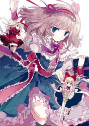 Rule 34 | 1girl, alice margatroid, arm up, bad id, bad pixiv id, blonde hair, blue dress, blue eyes, book, bow, capelet, cierra (ra-bit), doll, dress, english text, frills, hair ribbon, hairband, hourai doll, long hair, looking at viewer, mary janes, puffy sleeves, puppet strings, red dress, ribbon, sash, shanghai doll, shoes, short hair, short sleeves, silhouette, simple background, solo, text focus, touhou, weapon, white background, wrist cuffs